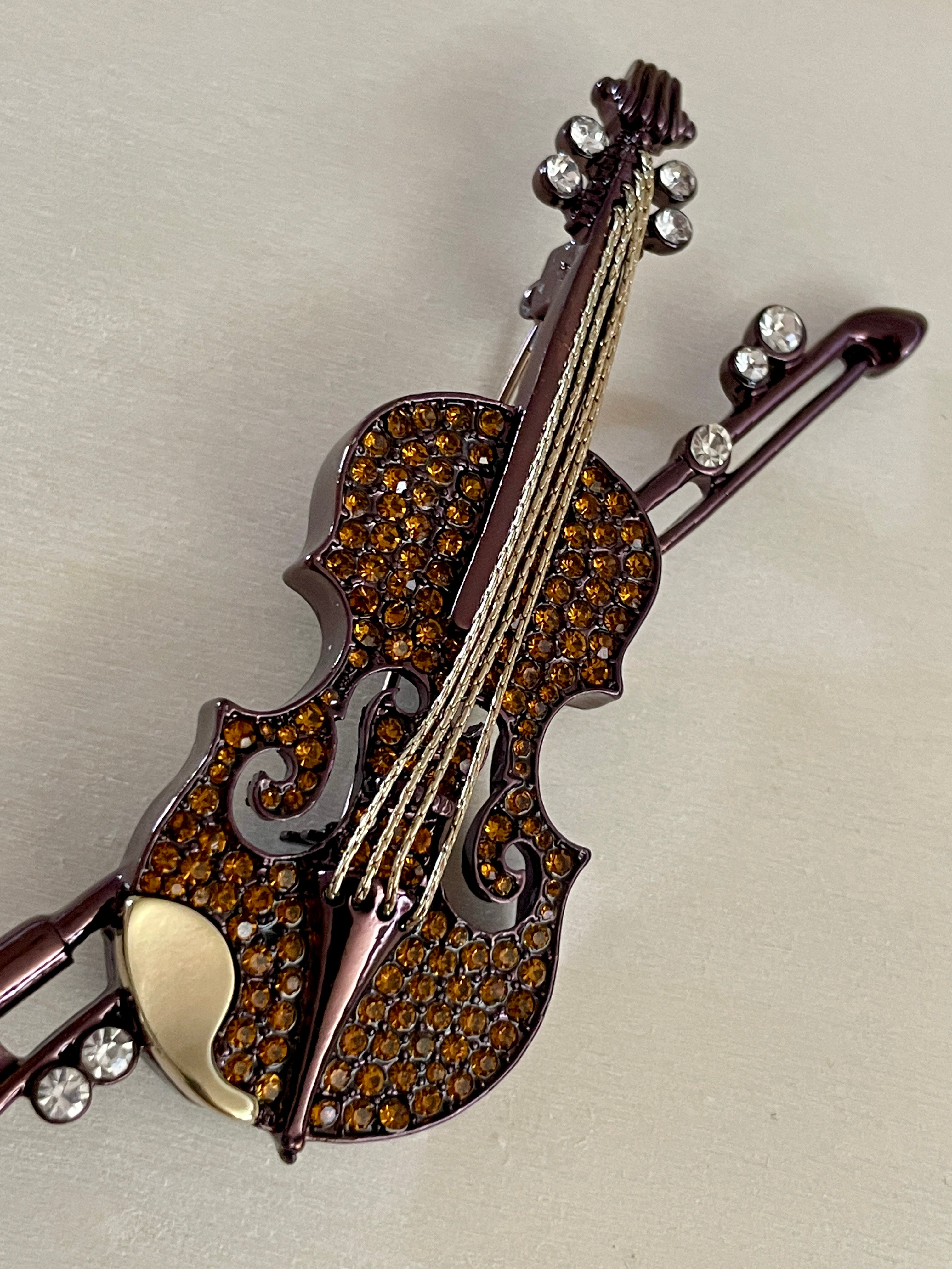 Violin Rhinestone Studded Brooch
