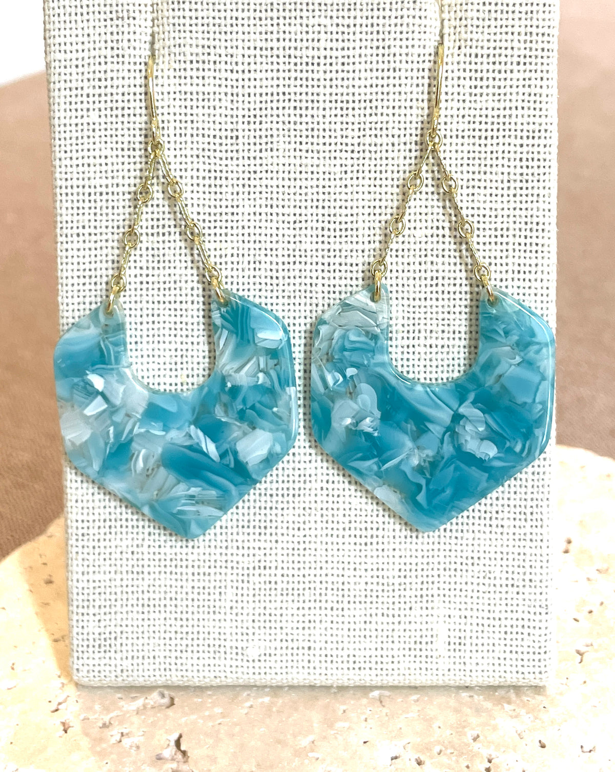 Turquoise & White Acetate & Gold Dangles