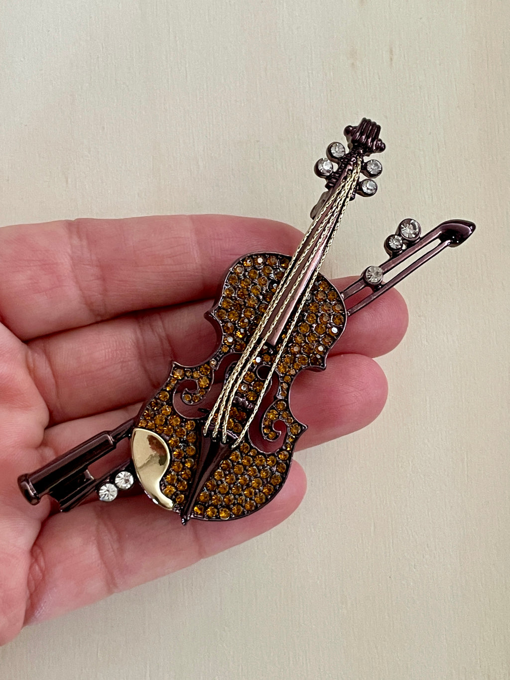 Violin Rhinestone Studded Brooch