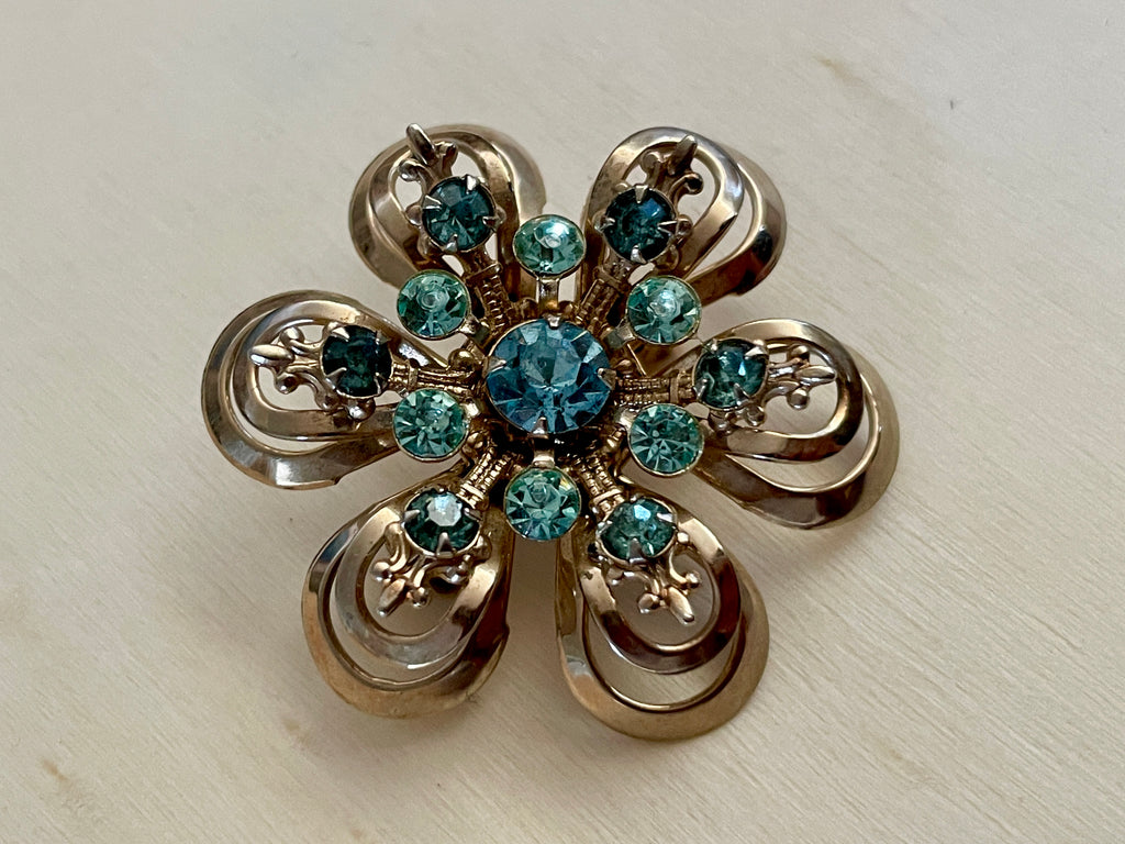 Floral Silvertone & Aquamarine Rhinestone Brooch
