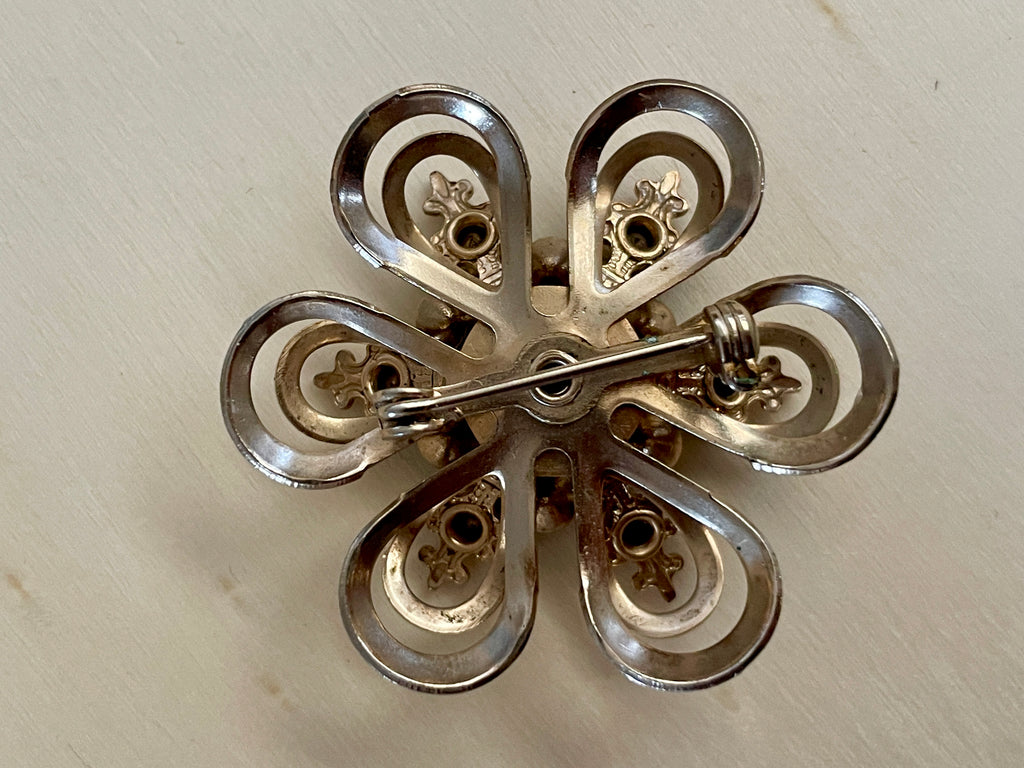 Floral Silvertone & Aquamarine Rhinestone Brooch