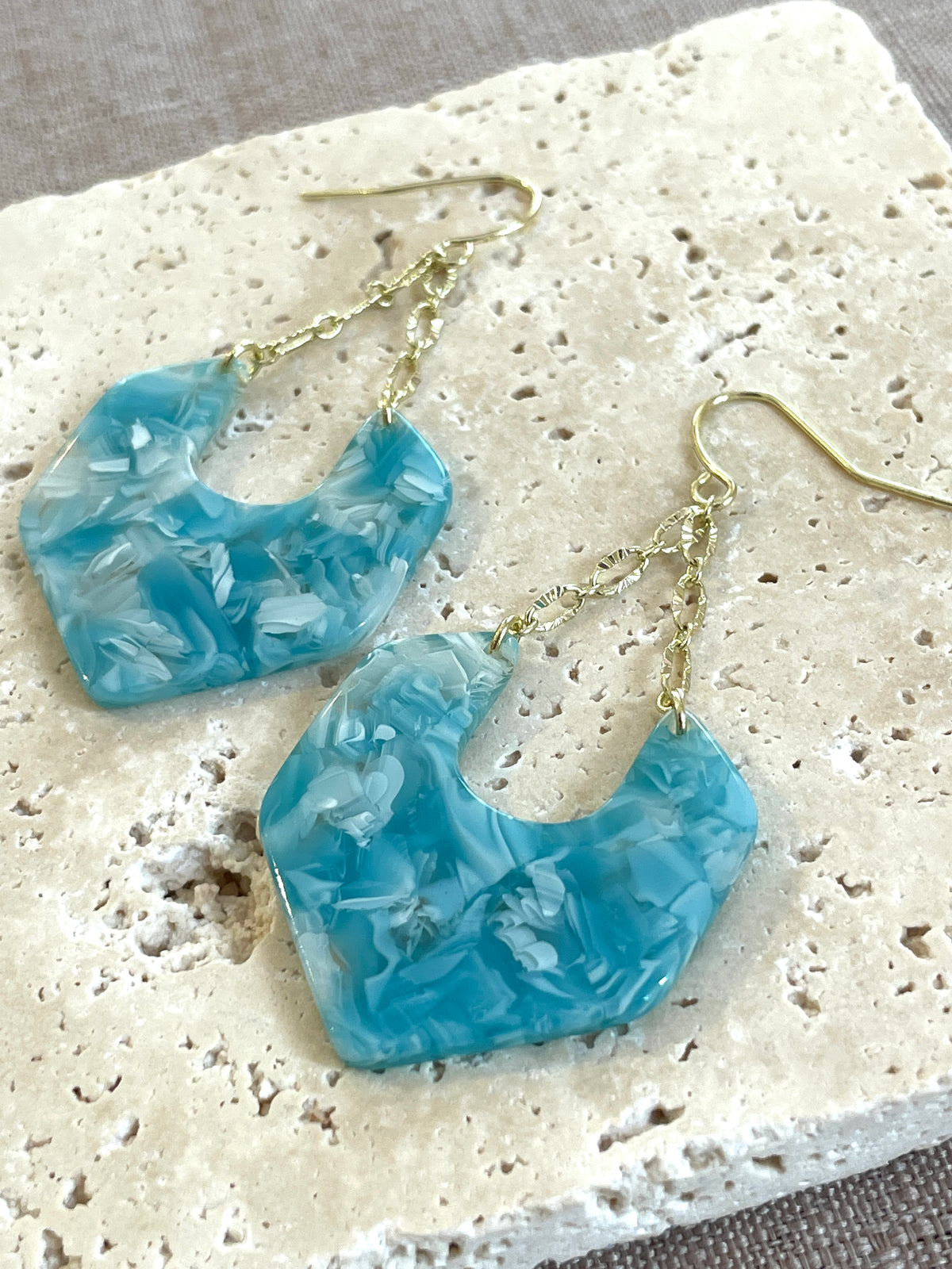 Turquoise & White Acetate & Gold Dangles