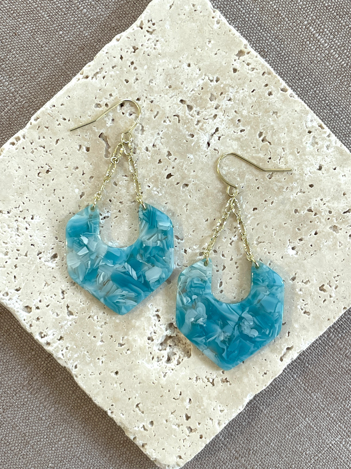 Turquoise & White Acetate & Gold Dangles