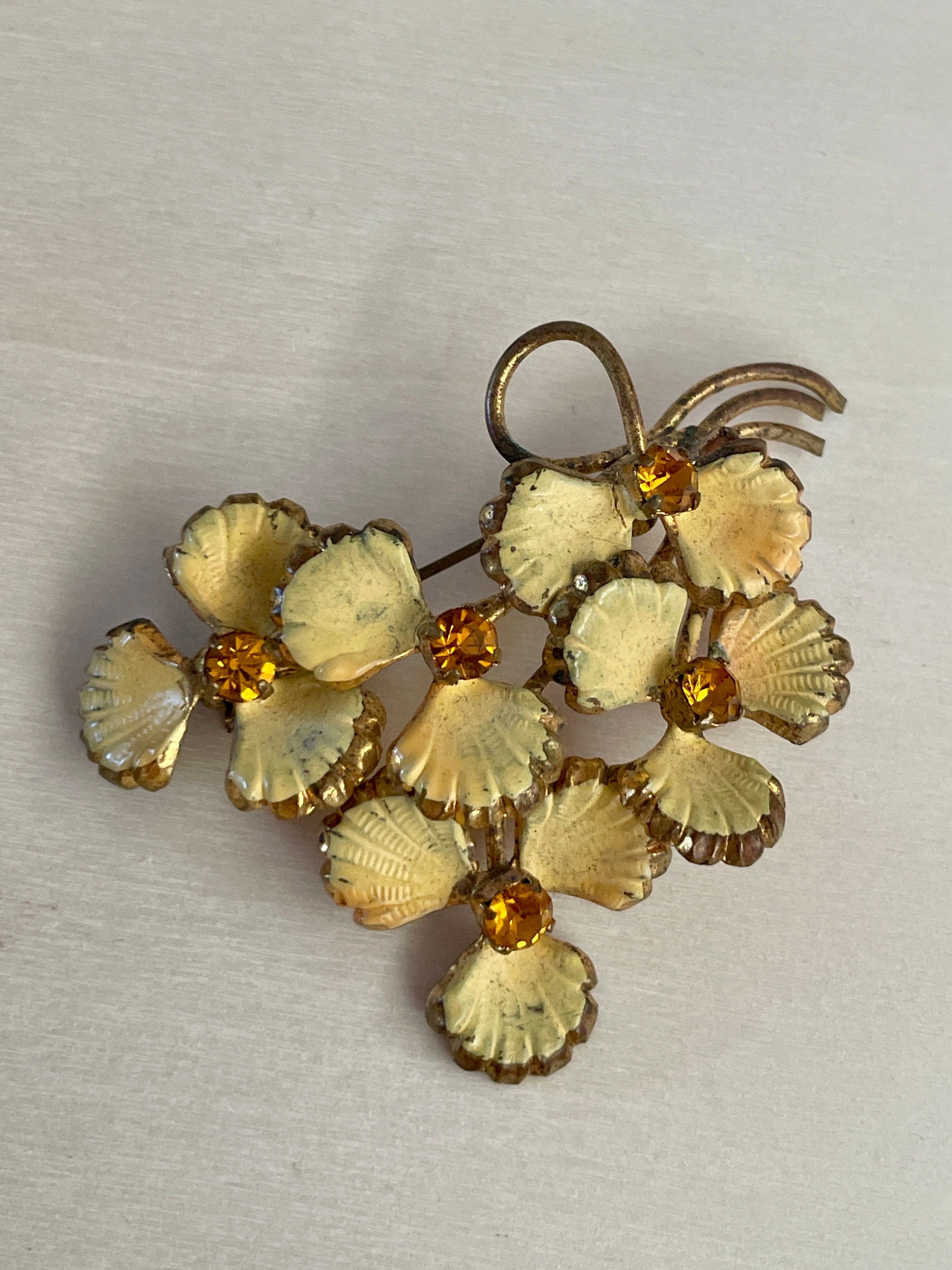 Yellow Flowers & Rhinestone Brooch