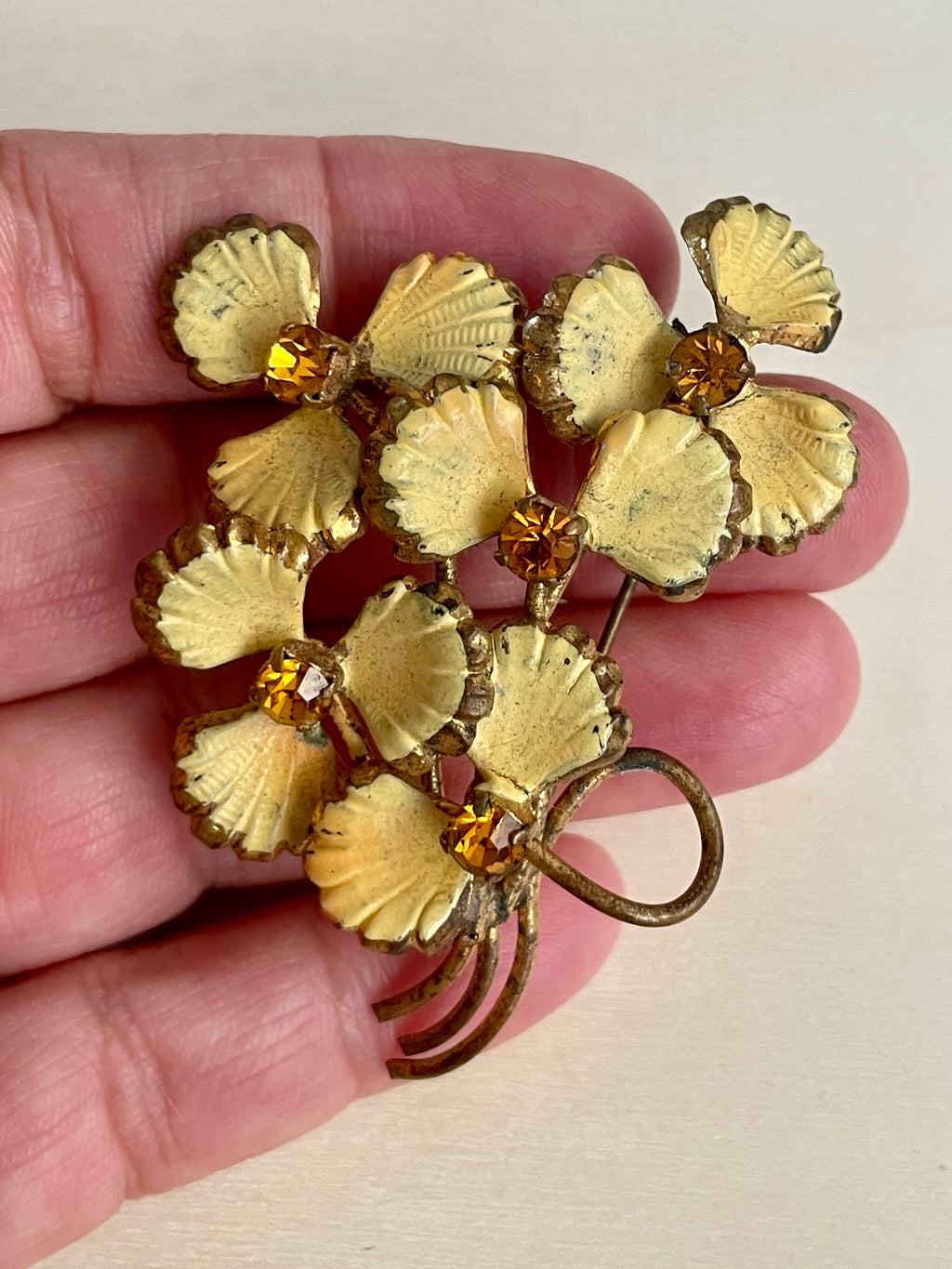 Yellow Flowers & Rhinestone Brooch