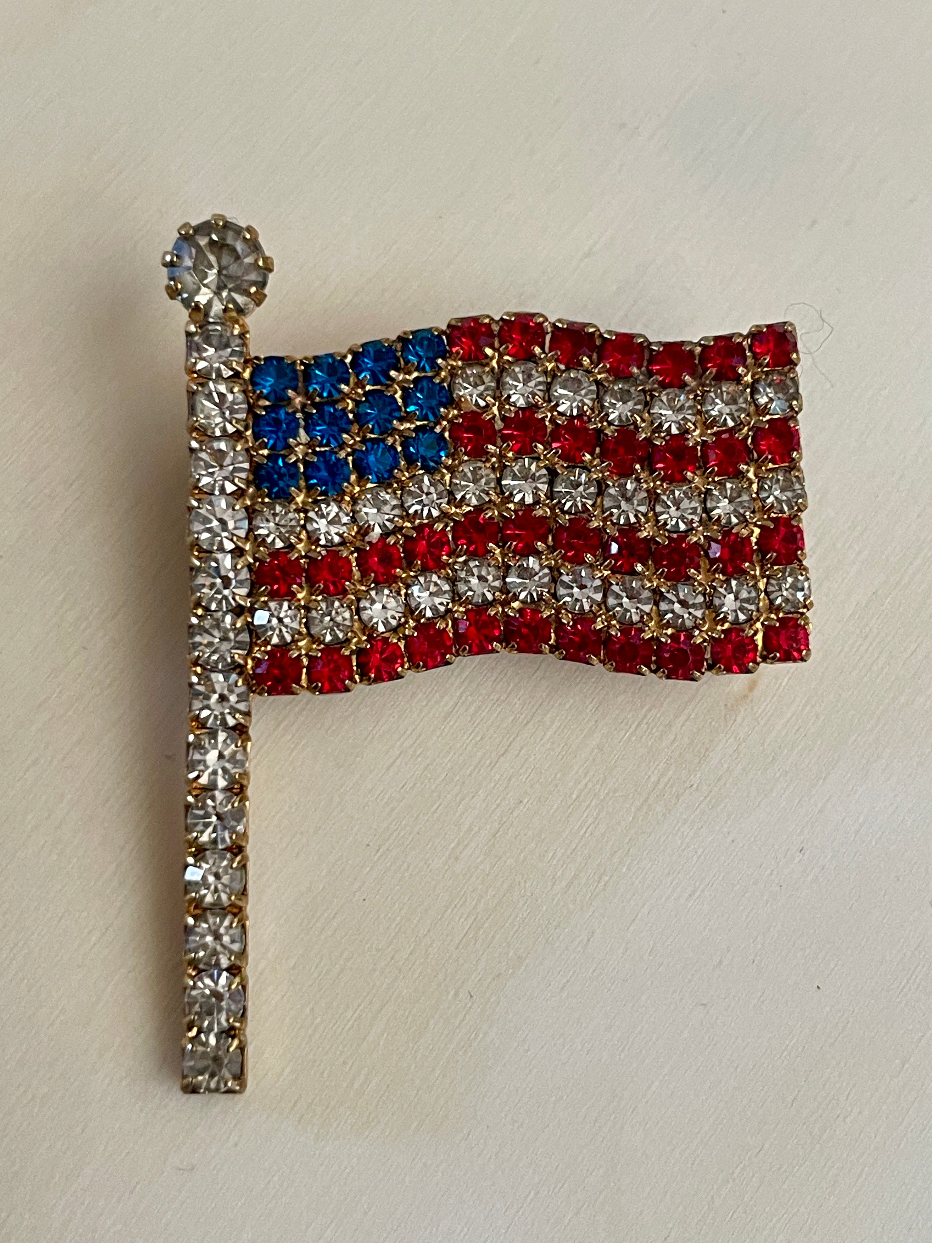 Rhinestone American Flag Brooch