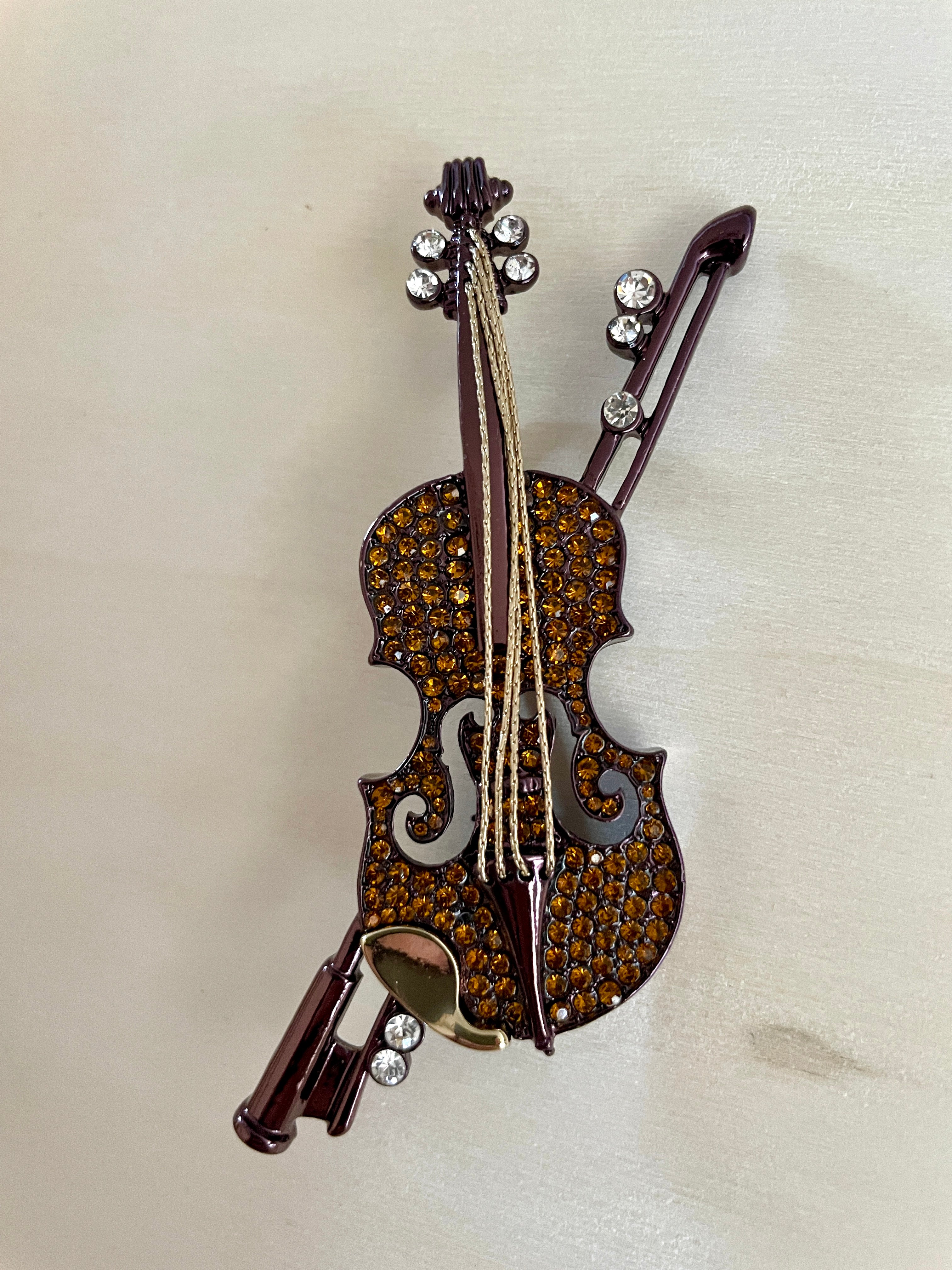 Violin Rhinestone Studded Brooch