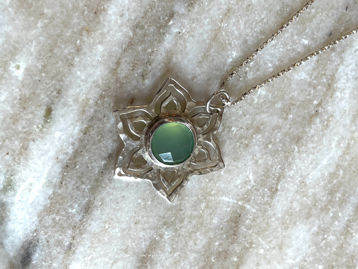 Sterling Silver Chalcedony Sunburst Pendant Necklace