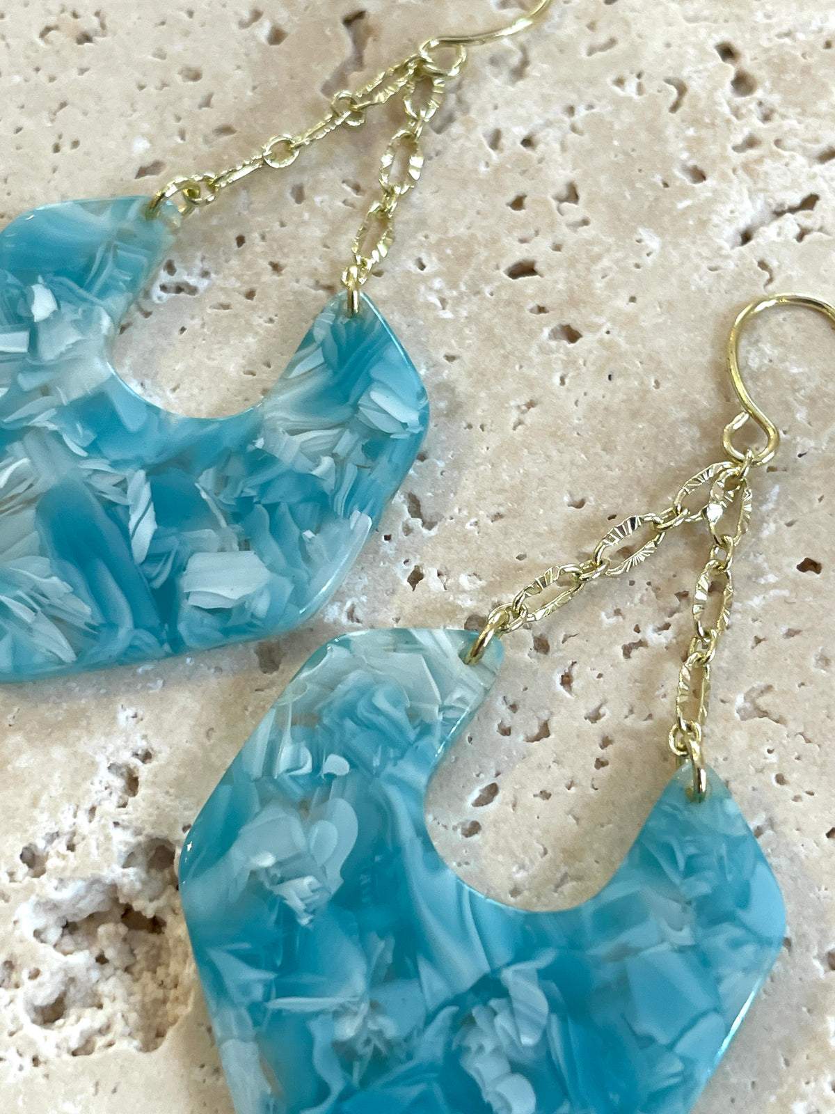 Turquoise & White Acetate & Gold Dangles